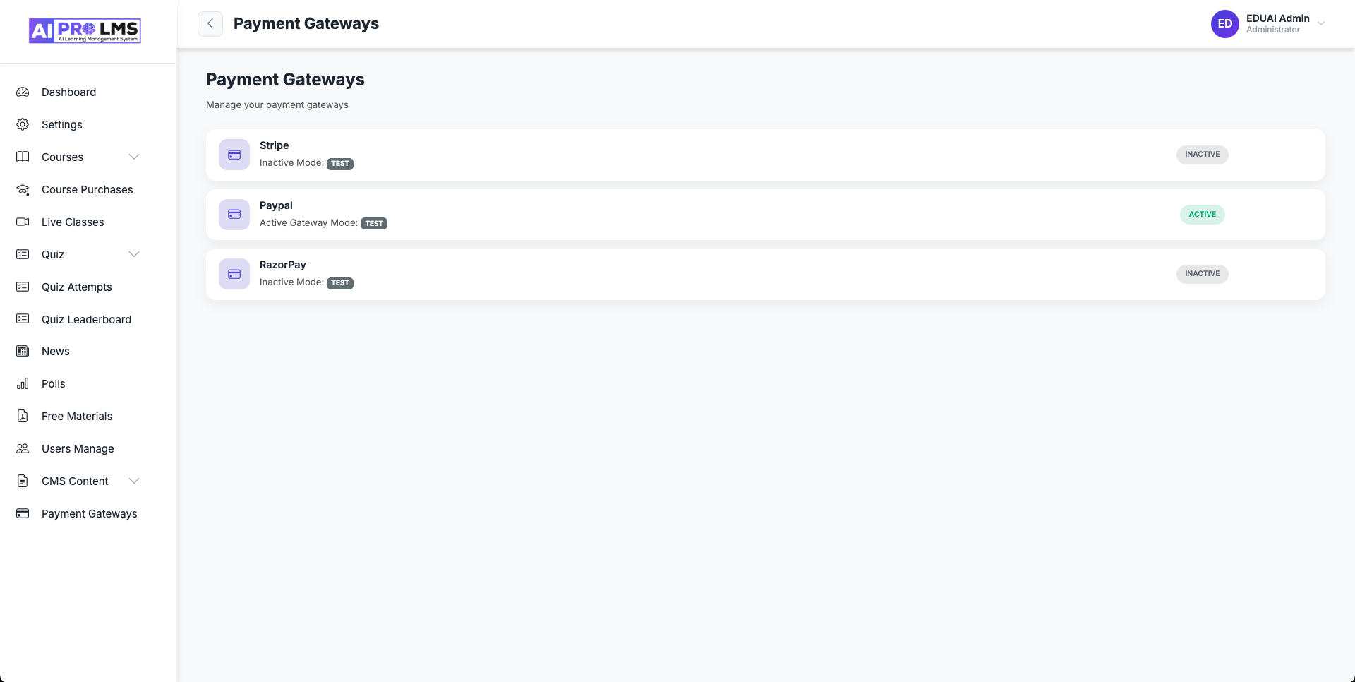 Payment Gateways Integration Panel